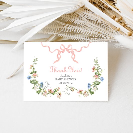 ワイルドフラワーピンクボウ赤ちゃんシャワーサンキューカード サンキューカード