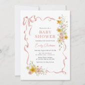 ワイルドフラワーピンクリボンコケット弓ベビーシャワー 招待状 (正面)