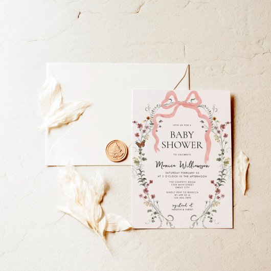 ワイルドフラワーピンク弓女の子の赤ちゃんシャワー 招待状