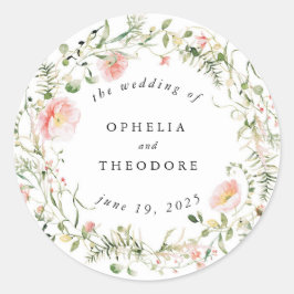 ワイルドフラワーピンク水彩結婚式の引き出物有難う ラウンドシール