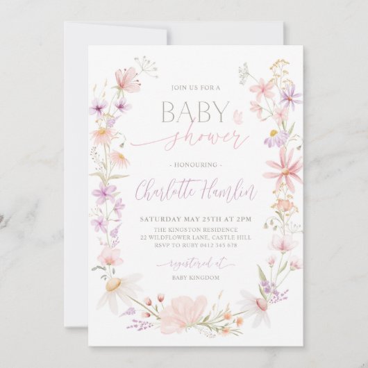 ワイルドフラワーピンク紫フローラ赤ちゃんシャワー 招待状 (正面)
