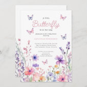 ワイルドフラワーピンク蝶フローラ赤ちゃんシャワー 招待状 (正面/裏面)