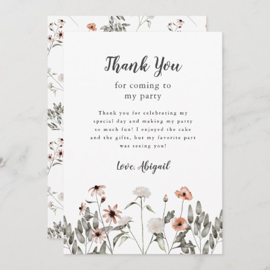 ワイルドフラワーピンク誕生日パーティー サンキューカード (正面/裏面)