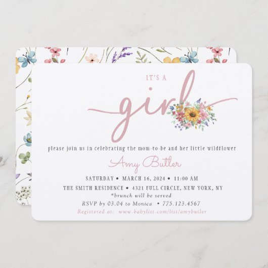 ワイルドフラワーピンク赤ちゃんシャワー招待状 招待状 (正面/裏面)