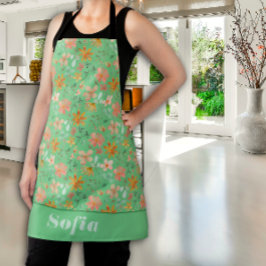 ワイルドフラワーピンク黄色のパターン名前をカスタムする緑 エプロン