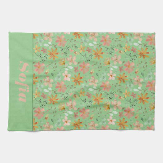ワイルドフラワーピンク黄色のパターン名前をカスタムする緑 キッチンタオル (横)