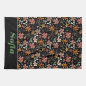 ワイルドフラワーピンク黄色パターン名前をカスタムするブラック キッチンタオル (横)