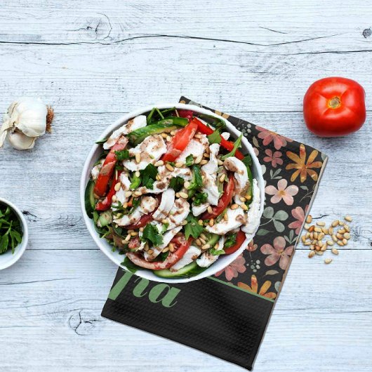 ワイルドフラワーピンク黄色パターン名前をカスタムするブラック キッチンタオル