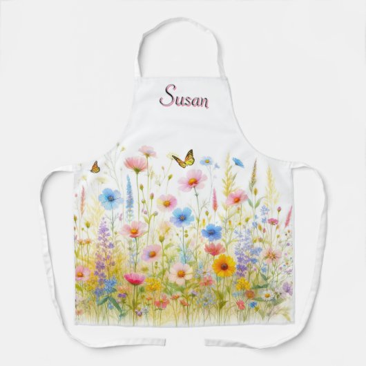 ワイルドフラワーピンク&ブルーフローラプリントエプロン エプロン (正面)