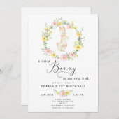 ワイルドフラワーピンク リトルバニー 1歳の誕生日 招待状 (正面/裏面)