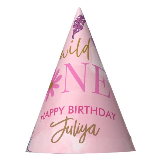 ワイルドフラワーピンク 1歳の誕生日 パーティーハット (正面)