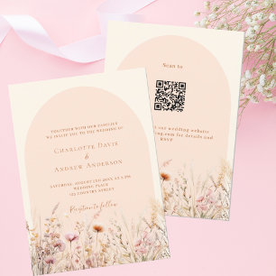 ワイルドフラワーピーチベージュアーチQRコードRSVP 結婚's 招待状