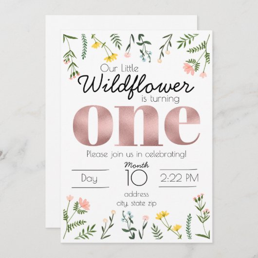 ワイルドフラワーファースト誕生日の招待 招待状 (正面/裏面)
