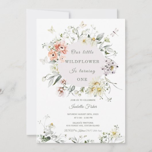 ワイルドフラワーファースト誕生日ガール招待状 招待状 (正面)