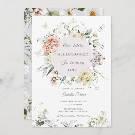 ワイルドフラワーファースト誕生日ガール招待状 招待状 (正面/裏面)