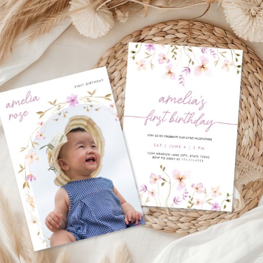 ワイルドフラワーファースト誕生日フォト招待状 招待状