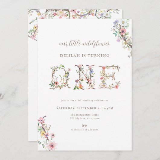 ワイルドフラワーファースト誕生日招待状 招待状 (正面/裏面)