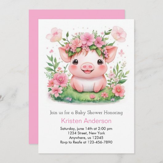 ワイルドフラワーファーミヤードピグレットガールベイビーシャワー 招待状 (正面/裏面)