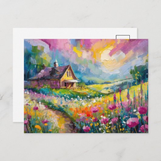 ワイルドフラワーファームハウスランドスケープモダン抽象芸術アート ポストカード (正面/裏面)