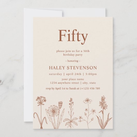 ワイルドフラワーフィフティベージュテラコッタ50誕生日 招待状 (正面)