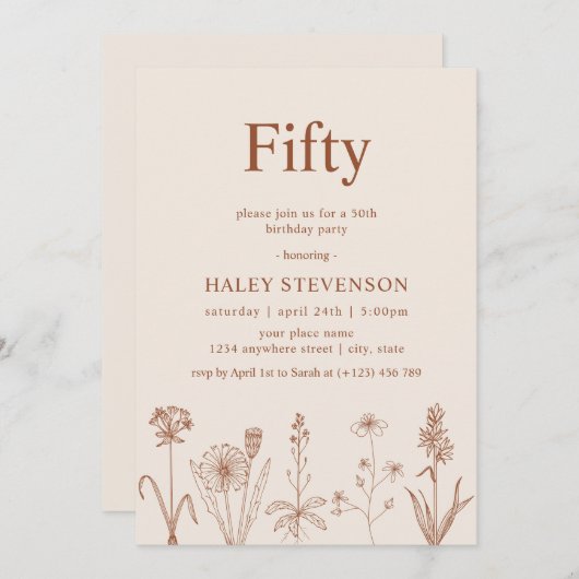 ワイルドフラワーフィフティベージュテラコッタ50誕生日 招待状 (正面/裏面)