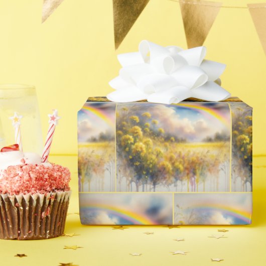 ワイルドフラワーフィールドに水色の虹 ラッピングペーパー (誕生日パーティー)
