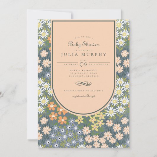 ワイルドフラワーフィールドピーチアーチガーデンベイビーシャワー 招待状 (正面)