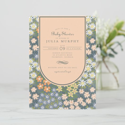 ワイルドフラワーフィールドピーチアーチガーデンベイビーシャワー 招待状 (スタンド正面)