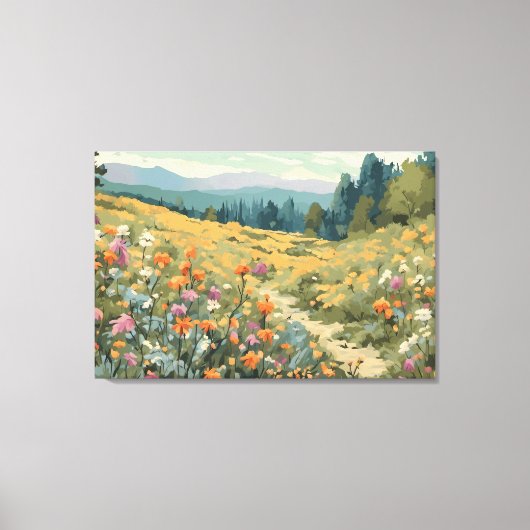 ワイルドフラワーフィールド山自然シーン キャンバスプリント (正面)