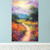 ワイルドフラワーフィールド油絵を通る日当たりの良いパス キャンバスプリント (インサイチュ (ウッドフロア))