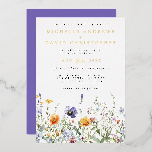 ワイルドフラワーフィールド結婚のフォイル招待状 箔招待状 (正面/裏面)
