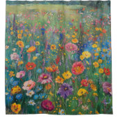 ワイルドフラワーフィールド絵画の水色 シャワーカーテン (正面)