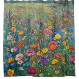 ワイルドフラワーフィールド絵画の水色 シャワーカーテン