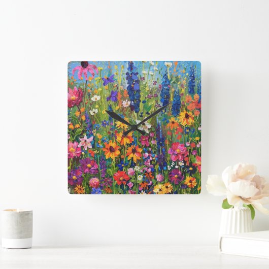ワイルドフラワーフィールド絵画アクリル スクエア壁時計 (ホーム)