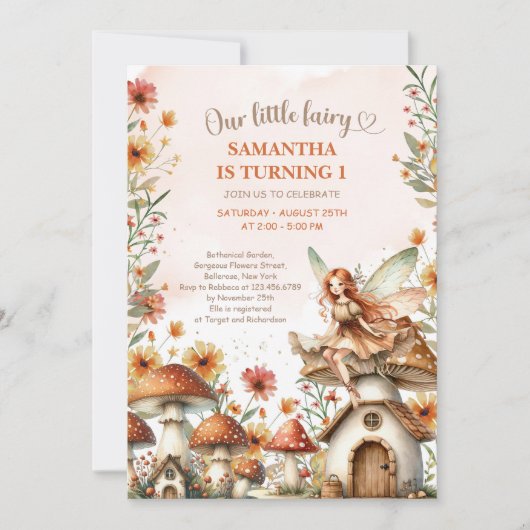 ワイルドフラワーフェアリー最初の1番目の誕生日ガーデンパーティー 招待状 (正面)