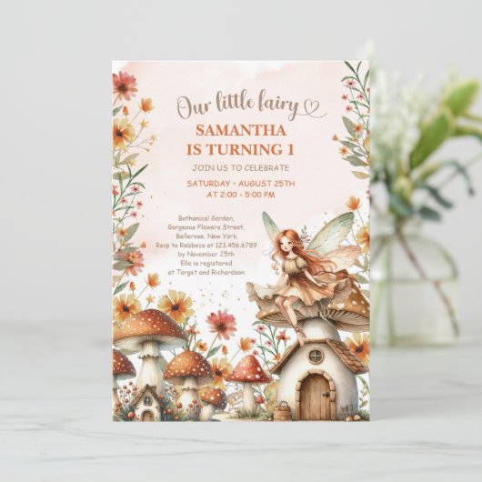 ワイルドフラワーフェアリー最初の1番目の誕生日ガーデンパーティー 招待状 (スタンド正面)