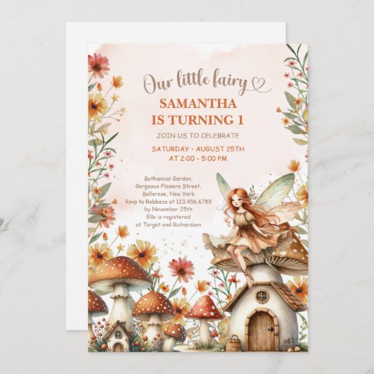 ワイルドフラワーフェアリー最初の1番目の誕生日ガーデンパーティー 招待状 (正面/裏面)