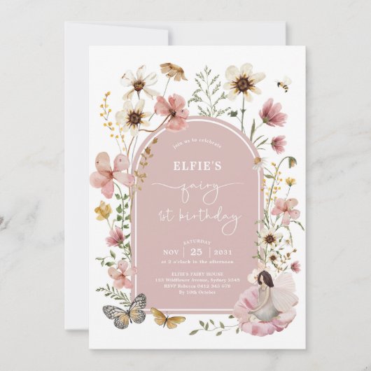 ワイルドフラワーフェアリー最初の1番目の誕生日ガーデンパーティー 招待状 (正面)