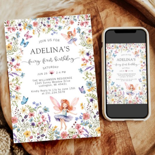 ワイルドフラワーフェアリー バタフライ 1歳の誕生日招待状 招待状
