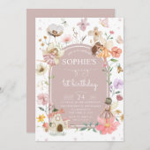 ワイルドフラワーフェアリー 1歳の誕生日パーティー 招待状 (正面/裏面)