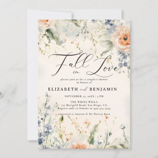 ワイルドフラワーフェテロマンチック秋カップルのシャワー 招待状 (正面)