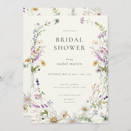 ワイルドフラワーフェミニンのブライダルシャワーへの招待 招待状 (正面/裏面)