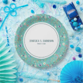 ワイルドフラワーフェミニンティール(緑がかった色)パターンパーソナル文字 ペーパープレート (パーティー)