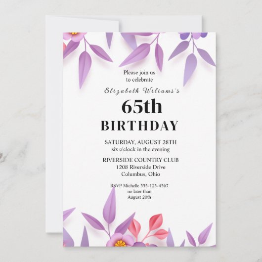 ワイルドフラワーフェミニン65thバースデーパーティー華奢 招待状 (正面)