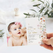 ワイルドフラワーフォトガールバプテスマ |ピンクと赤の花 招待状