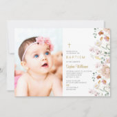 ワイルドフラワーフォトガールバプテスマ |ピンクと赤の花 招待状 (正面)