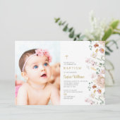 ワイルドフラワーフォトガールバプテスマ |ピンクと赤の花 招待状 (スタンド正面)