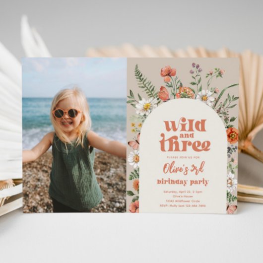 ワイルドフラワーフォトサード誕生日招待状 招待状