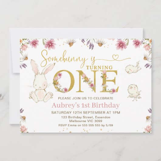 ワイルドフラワーフォトバニーの誕生日 招待状 (正面)