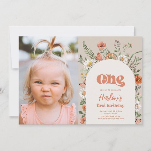 ワイルドフラワーフォトファースト誕生日招待状 招待状 (正面)